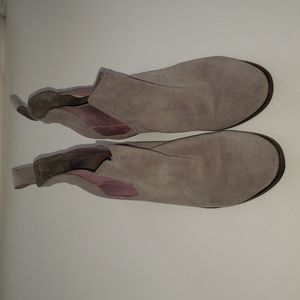 TOMS taupe suede with pink metallic elastic accent Chelsea booties. Worn once.